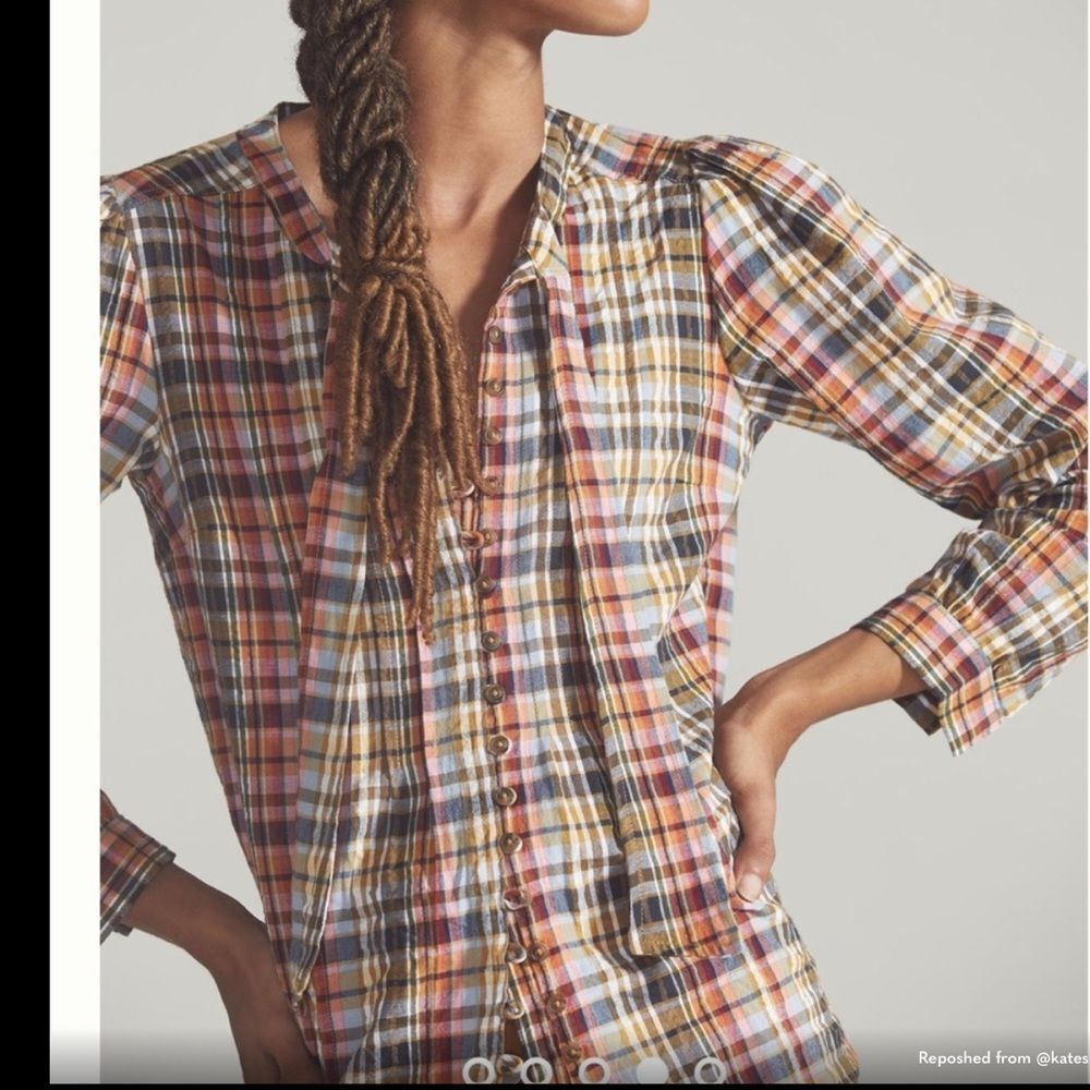 Anthropologie Pilcro Multicolor Plaid Tie Neck Blouse S - Picture 2 of 10